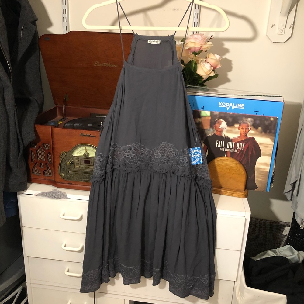 New Free People gray/blue dress with lace detail